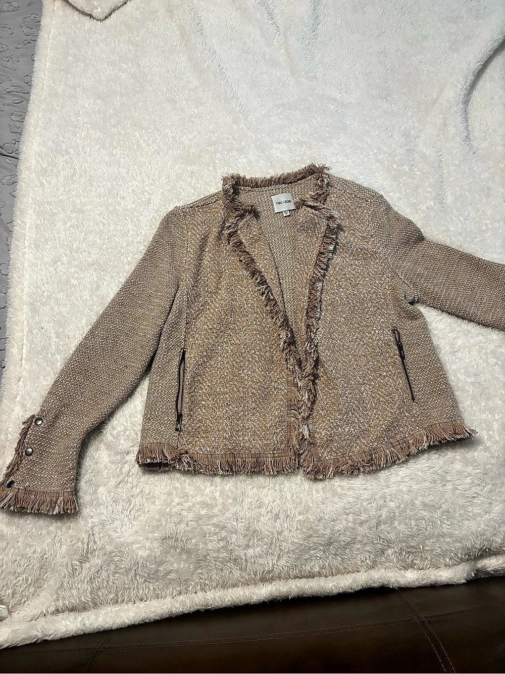 NIC+ZOE Statement Fringe Mix Knit Jacket Brown & White Medium